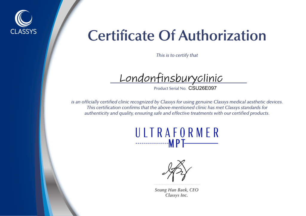 Classys certificate confirming London Finsbury Clinic is authorised to use a genuine Ultraformer MPT device
