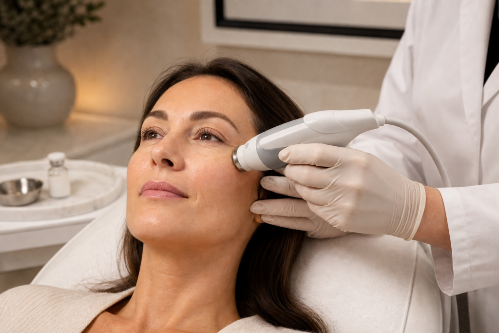 Ultraformer MPT Ultra Booster handpiece used for under-eye treatment with Juvelook