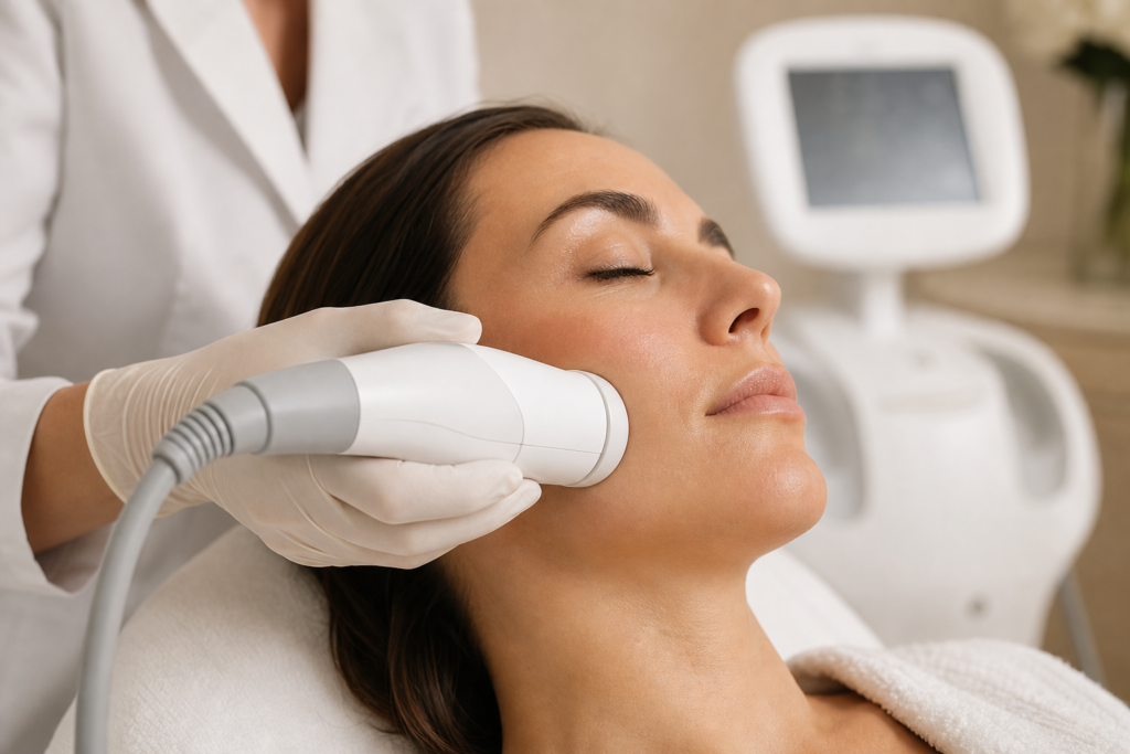Ultraformer MPT Ultra Booster handpiece with circular cartridge treating the cheek