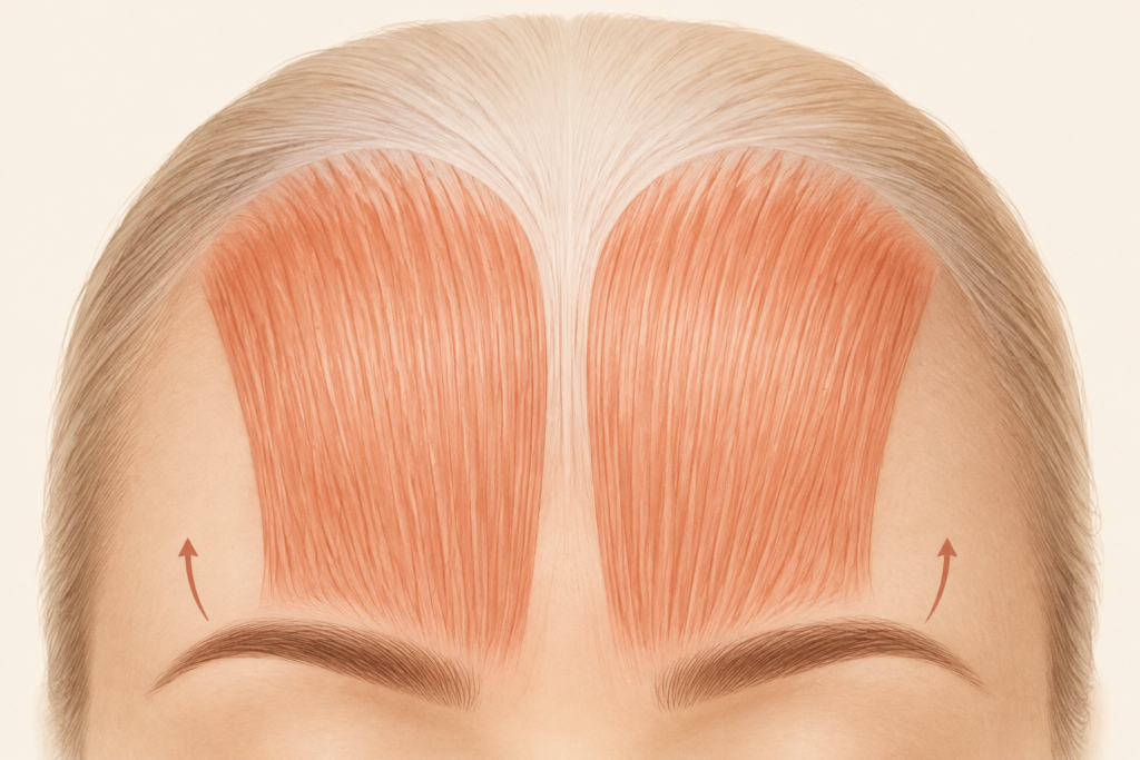 Simplified illustration of the frontalis muscles and their upward pull on the eyebrows