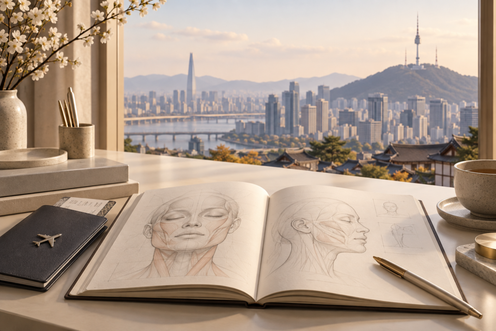 Illustration of a clinical learning notebook overlooking Seoul