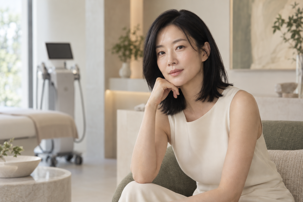 Editorial illustration of a Korean woman in a calm aesthetic consultation setting