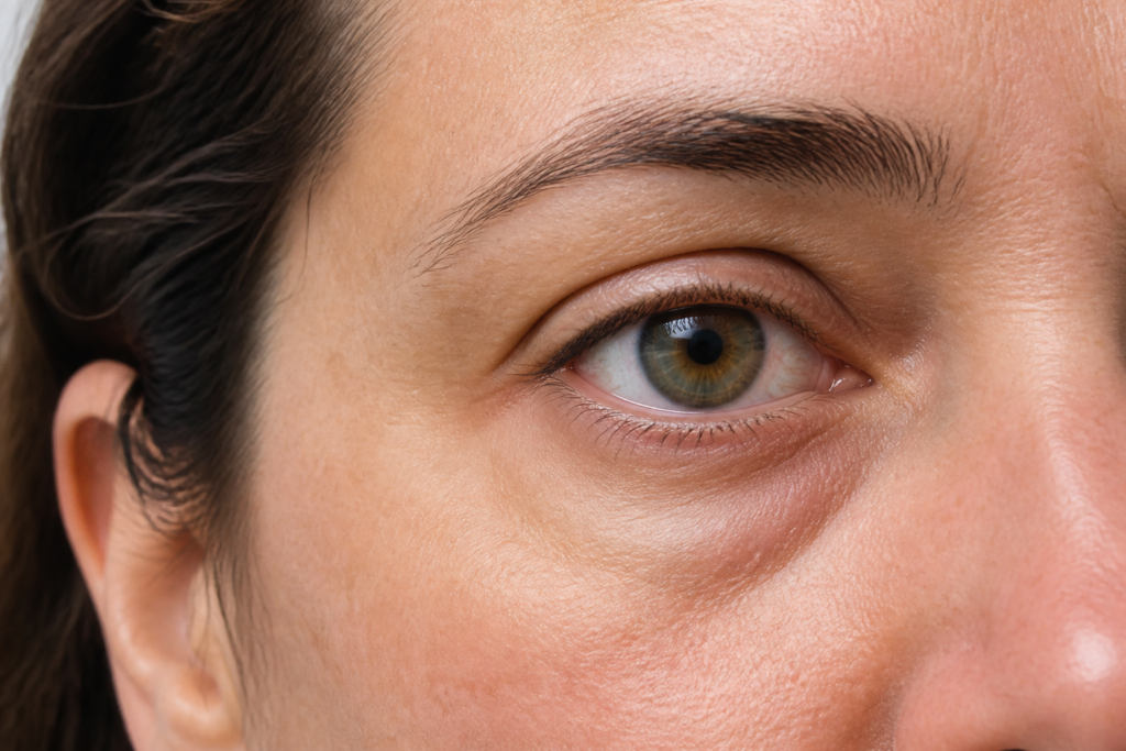 Illustrative close-up of an eye showing mild under-eye puffiness and natural skin texture
