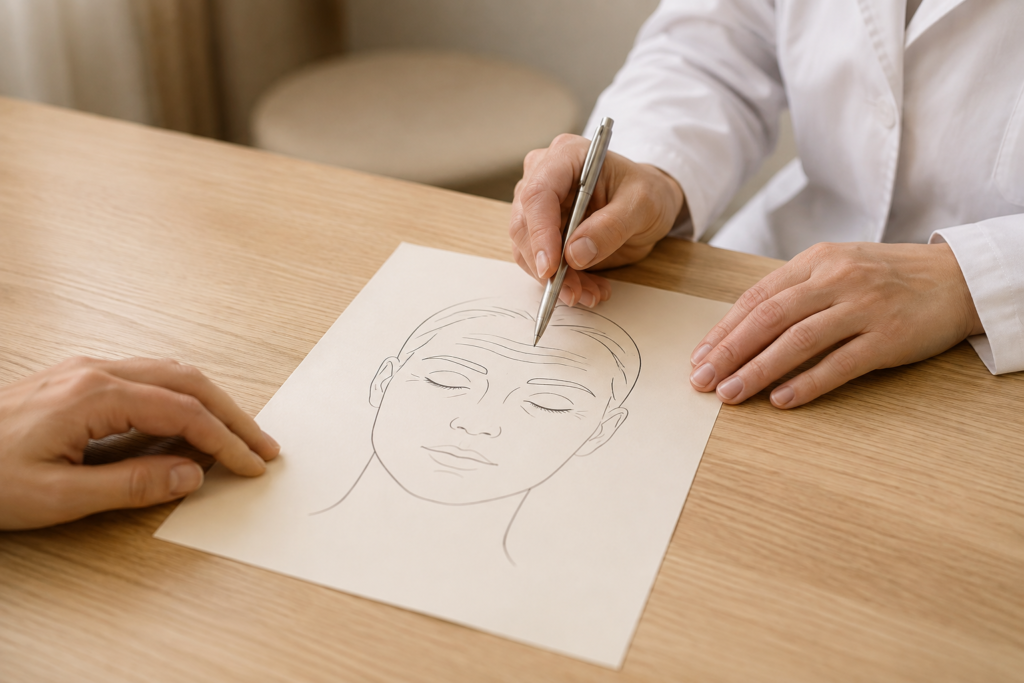 Illustrative consultation showing a clinician explaining forehead lines on a facial assessment diagram