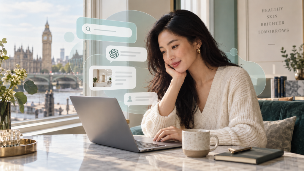 Woman researching skincare on a laptop, with the ChatGPT symbol in a chat bubble