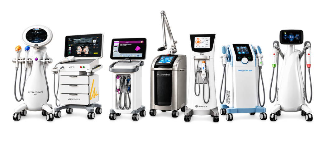 Aesthetic technology lineup: Ultraformer MPT, Ultherapy PRIME, Thermage FLX, PicoSure Pro, Oligio, Exilis Ultra 360 and Volnewmer (EVERESSE).