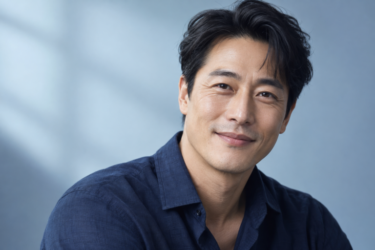 Illustrative portrait of an adult Asian man with a natural smile and expression lines