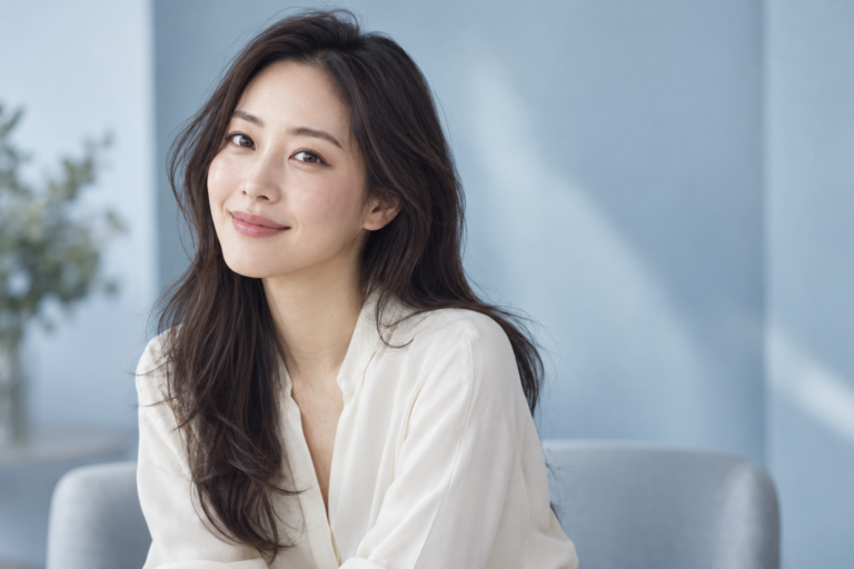 Illustrative portrait of an adult Asian woman with a relaxed smile