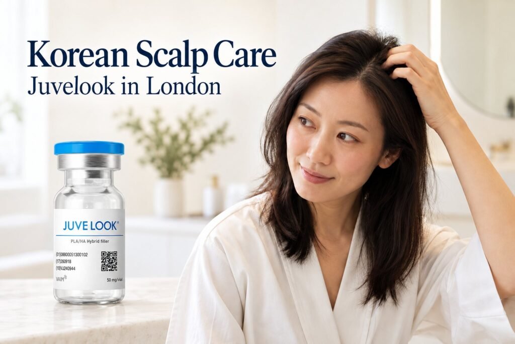 Korean Scalp Care: Juvelook in London, with a blue-cap product bottle on the left and an illustrative hair portrait on the right